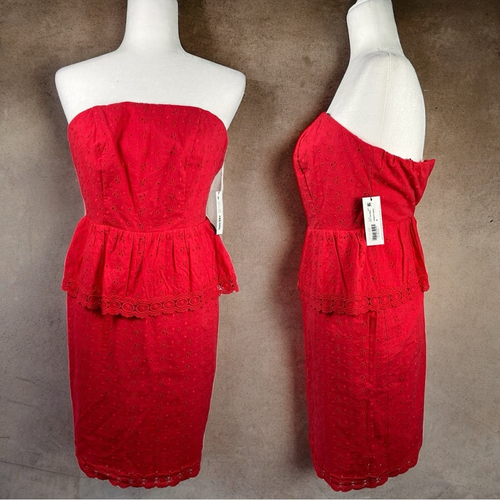 NWT Allen B. by Allen Schwartz Red Cotton Eyelet Strapless Ruffle Dress Size 4